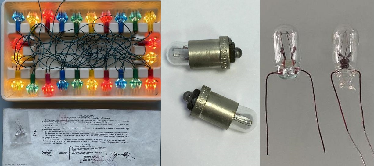 Фото 1.6. Наряду с парой специализированных бесцокольных лампочек накаливания (Е13.5-0.06, Фото 1.4., Е15-1), ещё один интересный вариант — колба от самолётной индикаторной лампы СМ-28-0.05 (28 В, 50 мА, 1.4 Вт). Существовали несколько исполнений таких лампочек, отличающихся креплением спирали и сроком службы. Вероятно, изымались из производственного процесса до цоколёвки и применялись, например, в гирлянде «Льдинка» Ленинградского завода «Двигатель»